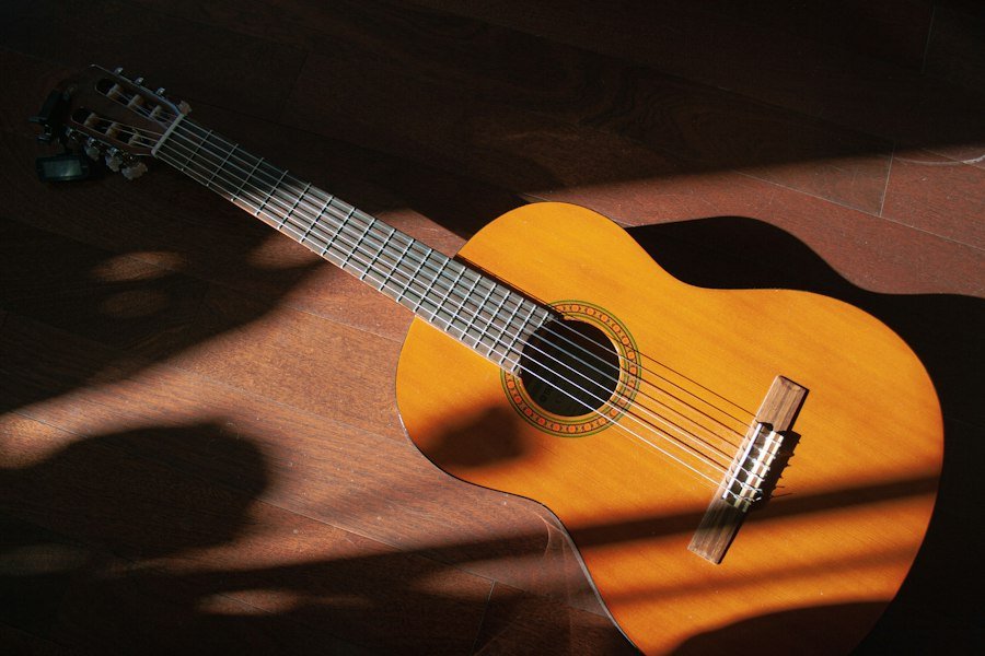 Classical nylon-string guitar in warm light
