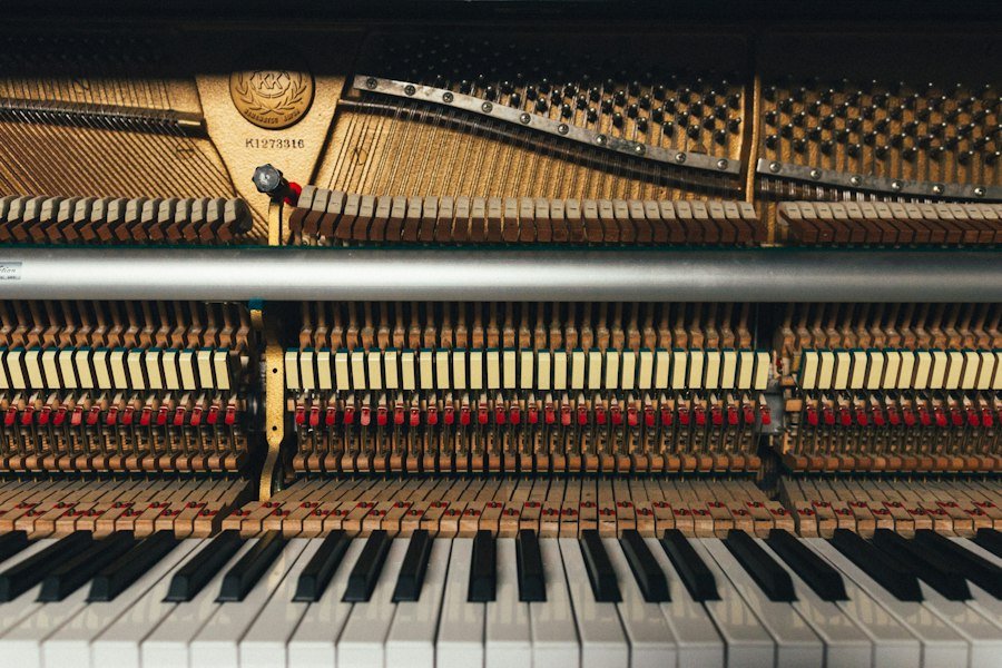 Inside an upright piano: hammers and strings